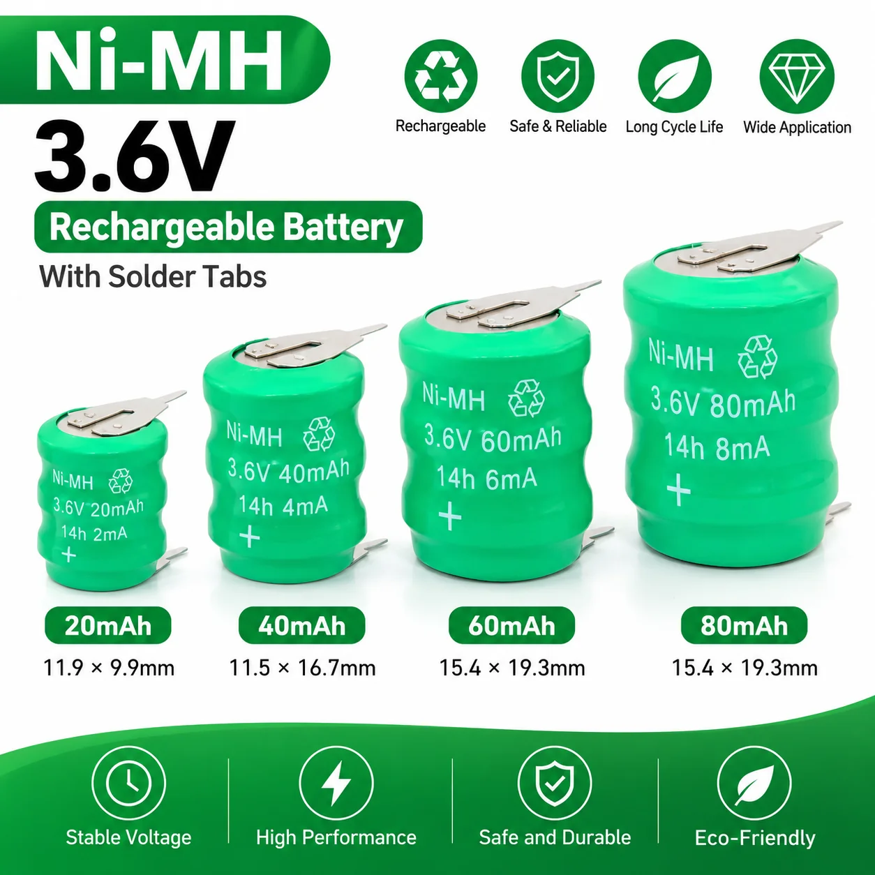 10PCS 3.6V 20mah 40mah 60mah 80mAh Ni-MH Button Cell Rechargeable Battery with Pins for Clock Memory Backup Lawn Lamp