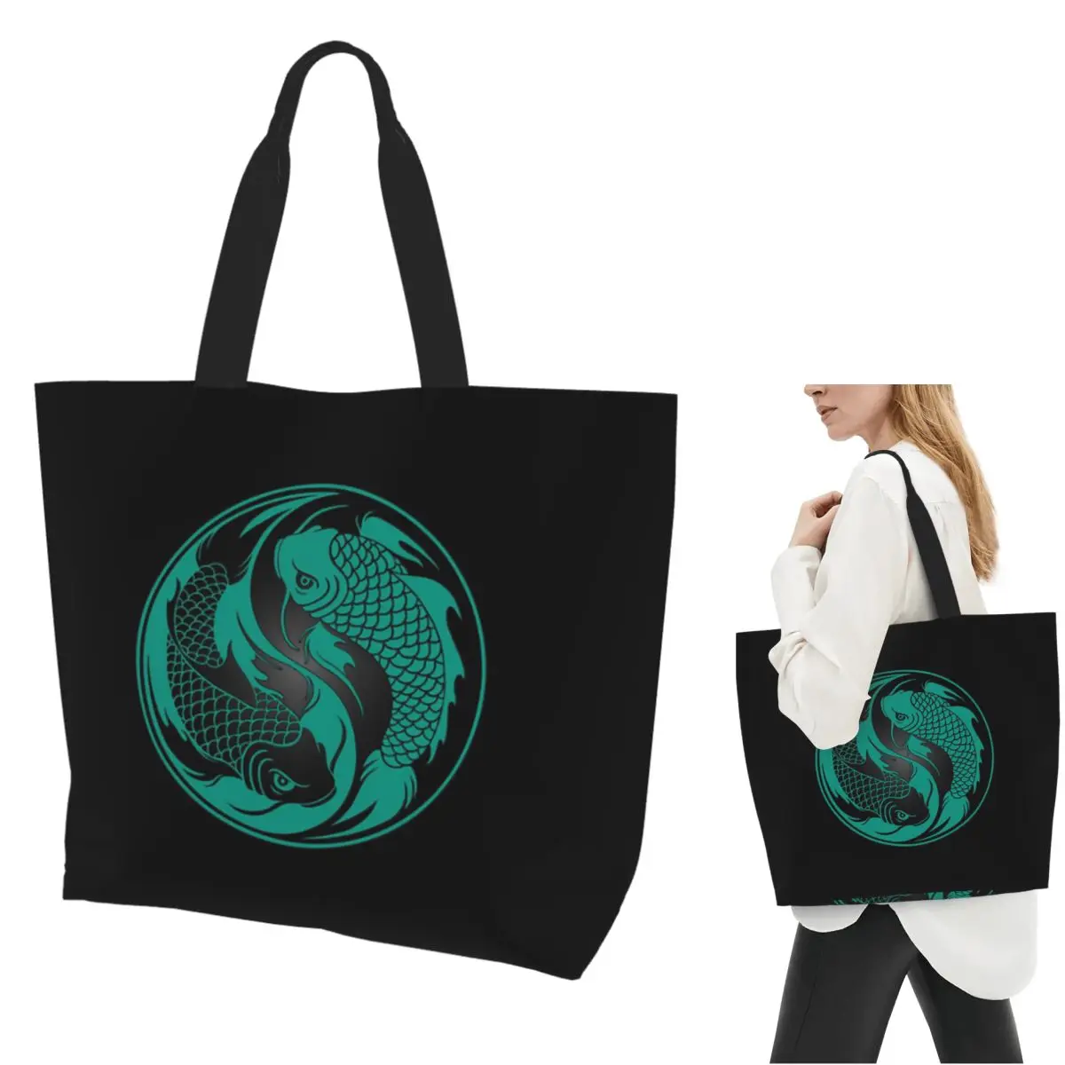 

Бирюзово-синий и черный Инь Ян Koi Fish Shopping Tote Bag Холщовые сумки на плечо большой вместимости Сумка-шоппер для продуктов для женщин