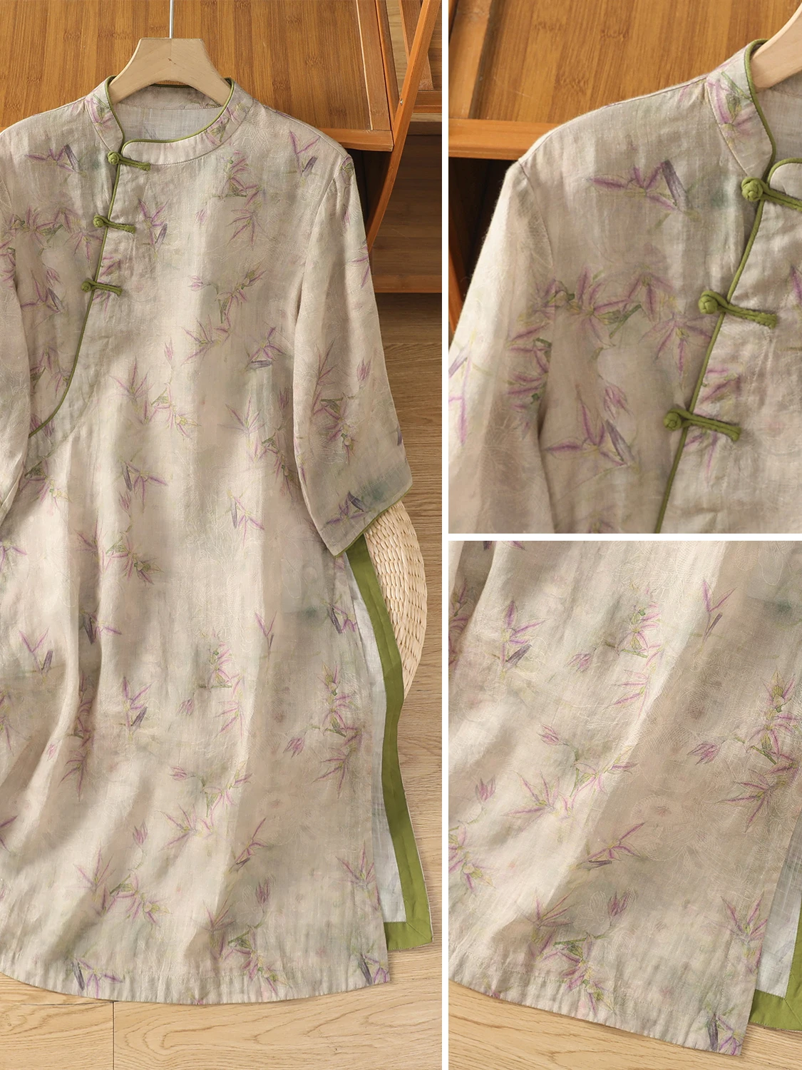 

Новый китайский хлопково-льняной принт с разрезом и воротником-стойкой большого размера, женский модный повседневный длинный топ, чайный костюм