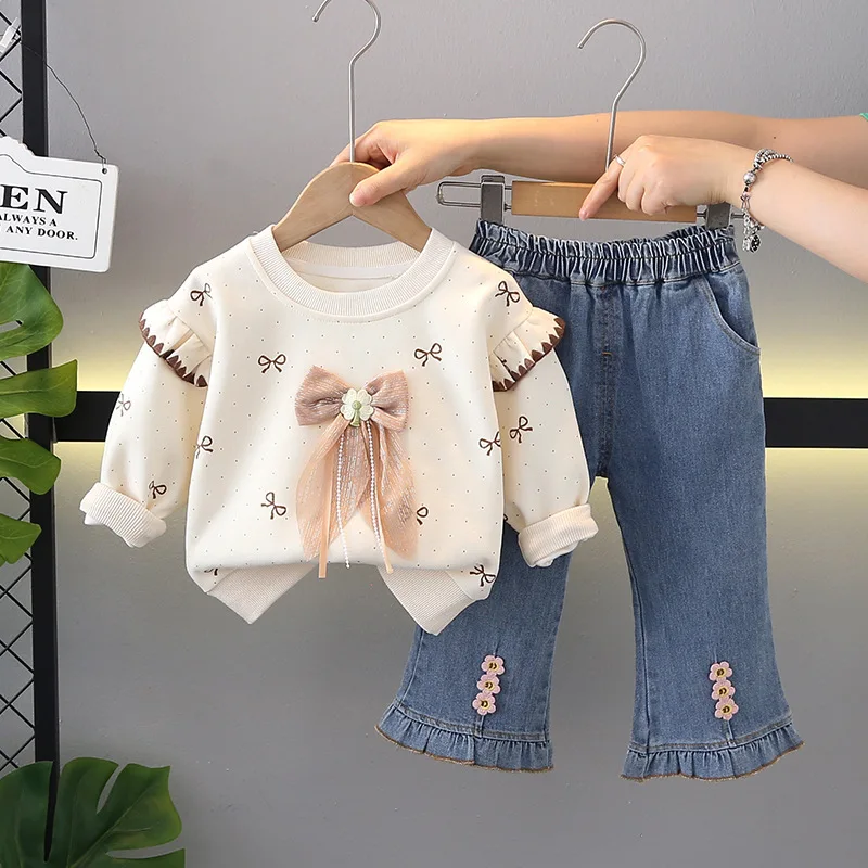 New Autumn Kids Clothes Set 1-5T Sweet Bow Girls O-Neck Sweatshirt +Jeans Korean Style Loose Children Flower Outfit 2PCS