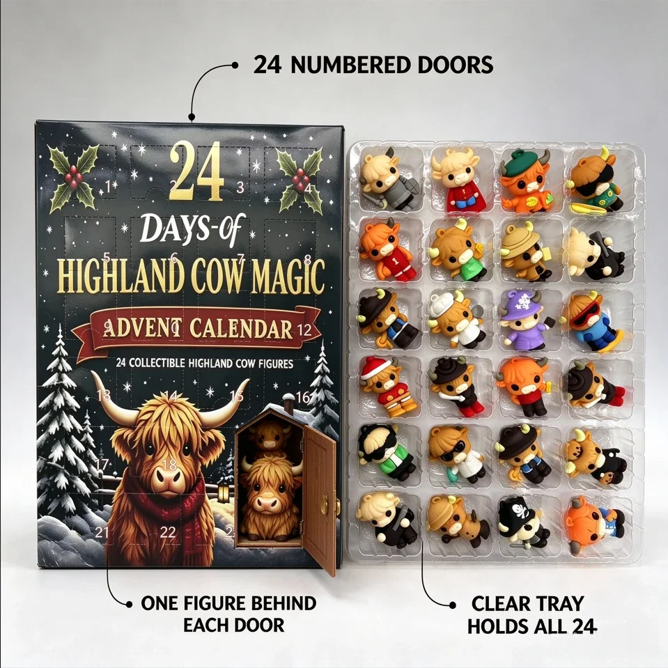 Highland Cow Advent Calendar 24 Days Christmas Countdown with 24 Collectible 3D Highland Cow Figurines Christmas Gift for Adults