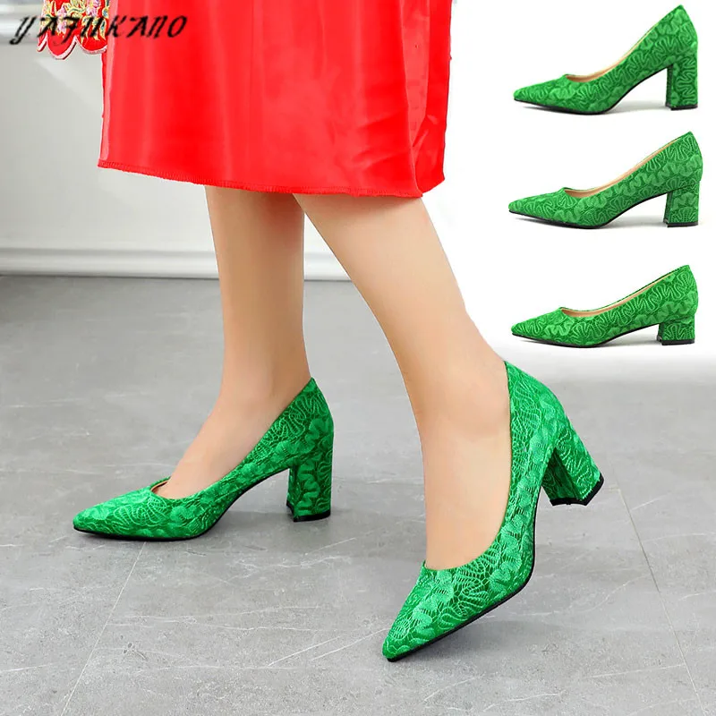 Green Bridal Wedding Shoe Thick With Pointed Toe Female High Heels Lace Suede Single Shoes Elegant Comfort Lady Pumps Size 33-42