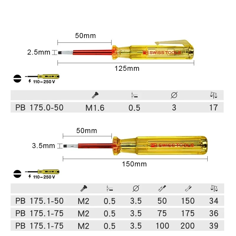 PB 175 Series SWISS 1PCS Voltage Tester Pen 110 – 250 V/100 – 250 VAC Neon Indicator Non-contact Electric Test Pencil