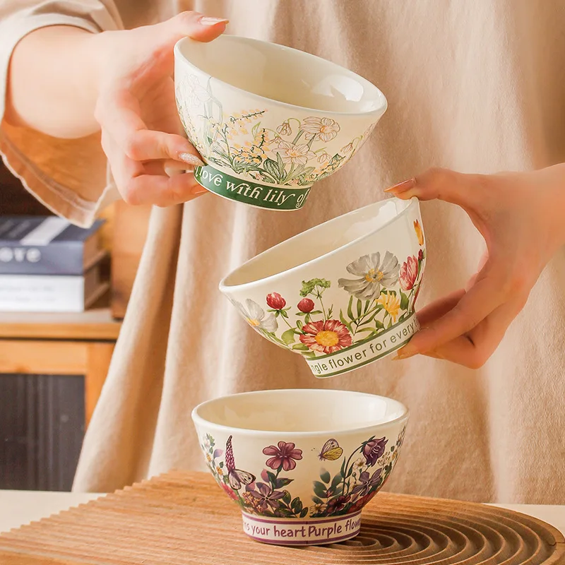 3-Piece 5 Inch Ceramic Rice Bowls, Creative Floral Dinnerware,Multifunctional for Cereal Salad Noodle, Housewarming Gift