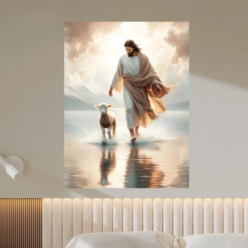 Oil Painting Jesus Christ Walking on Water with Lamb By Numbers for Living Room Bedroom Home Decor Perfect Gift Frameless