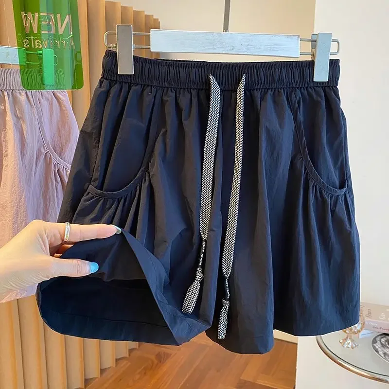 Summer New Thin Lacing Elastic Waist Shorts Solid Loose Pockets Patchwork All-match Wide Leg Pants Korean Fashion Women Clothes