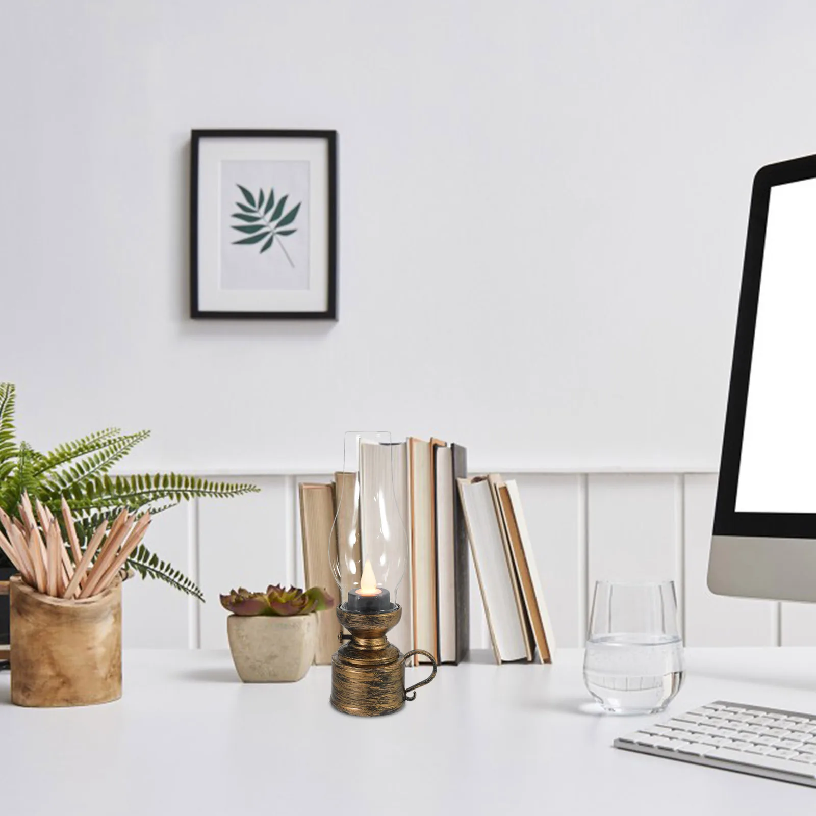 

Retro Electronic Bronze Vintage Oil Lantern Desktop Decoration Flameless Indoor Lighting Home Office Temple Oil