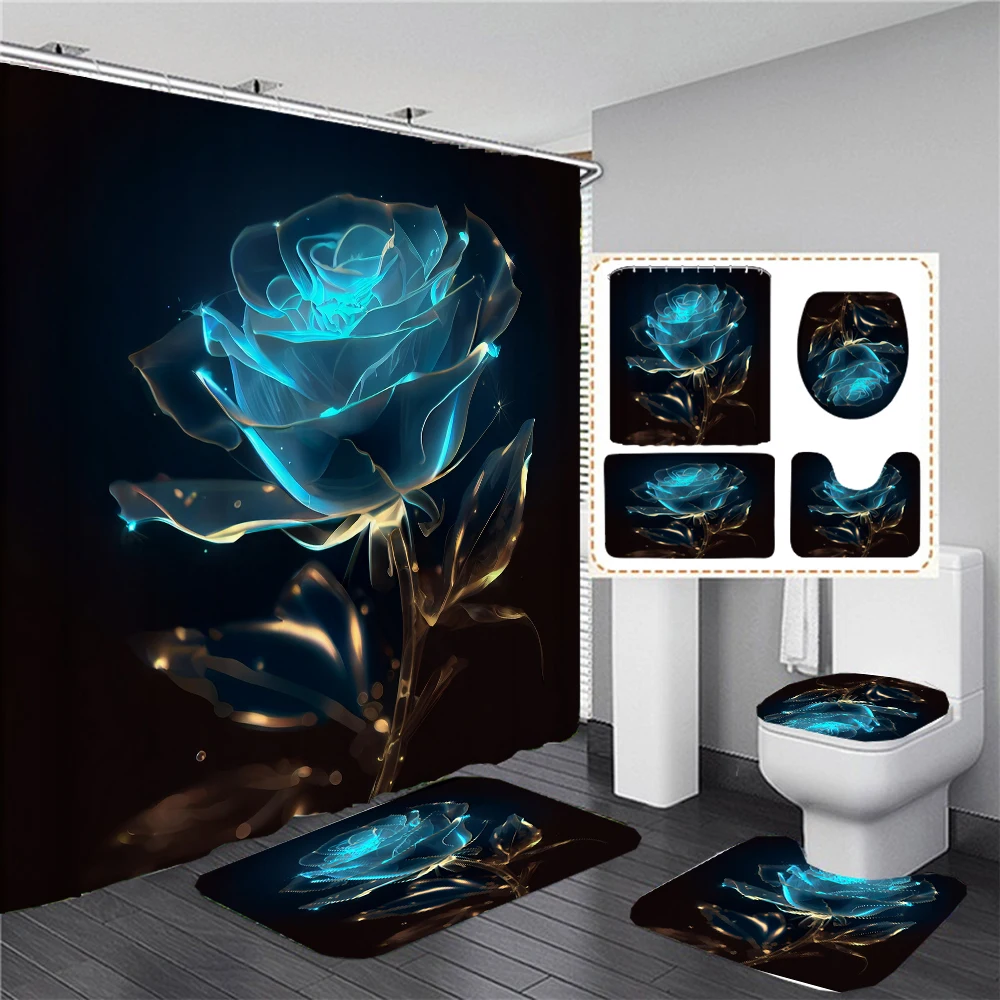 Rose Flowers Print Shower Curtain Nordic Bath Curtain Waterproof Anti-slip Bath Mat Set Bathroom Decorative Carpet Toilet Rugs