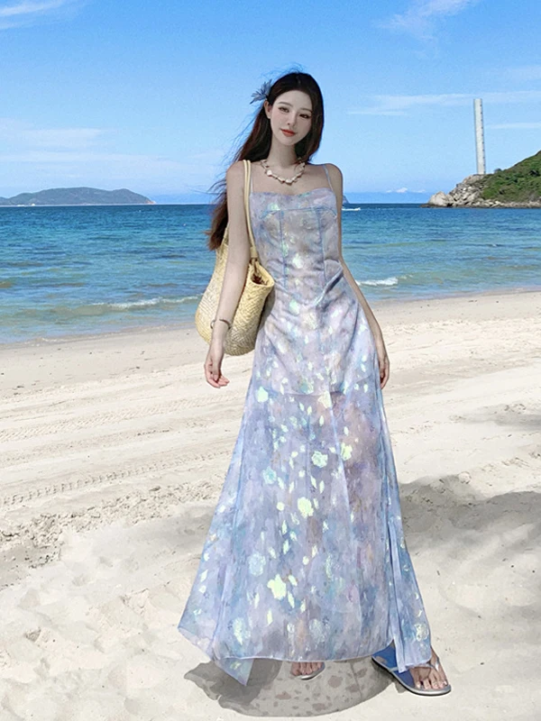 Beachy Island Sle ter Ne Floral Print Maxi Dr Women's Holiday Waist Cinched Gown Summer Soft Fabric A-Line Skirt