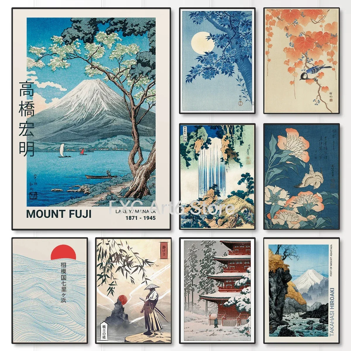 1 Pieza de Impresión en Lienzo sin Marco de Takahashi Yuming, Lago Yamanaka y Monte Fuji en Japón, con Flores de Cerezo, Pósteres Decorativos para Pared, Arte Moderno para el Hogar