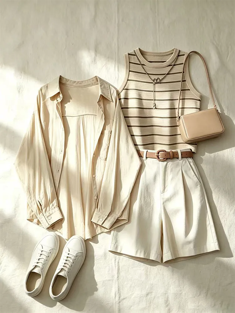 Summer Casual Style Women's Slim Fit Striped Vest Shirt Top And Shorts Three Piece Set Fashionable Design Slimming Effect