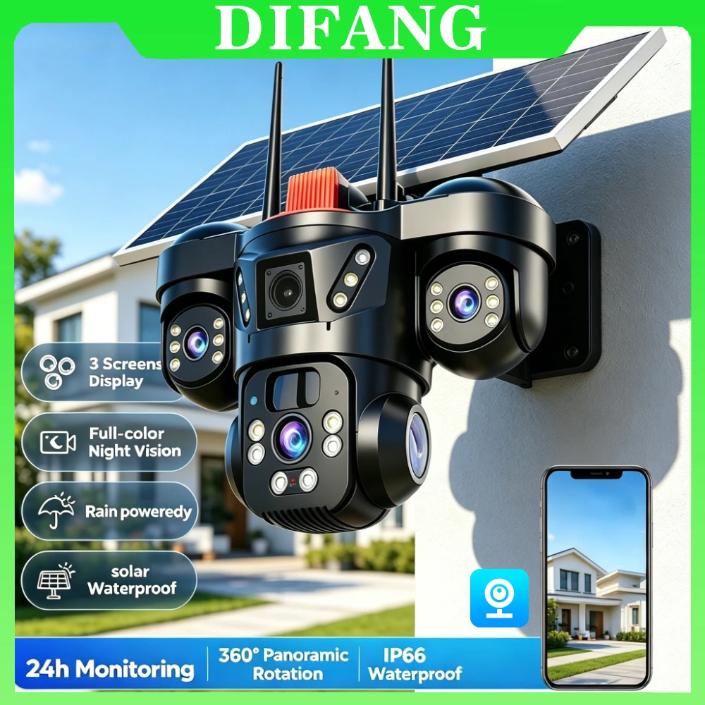 V380 Pro Solar Security Camera Triple Screen 10X Zoom Outdoor Wireless CCTV Camera Optional 4G SIM Card or WiFi IP Camera Solar