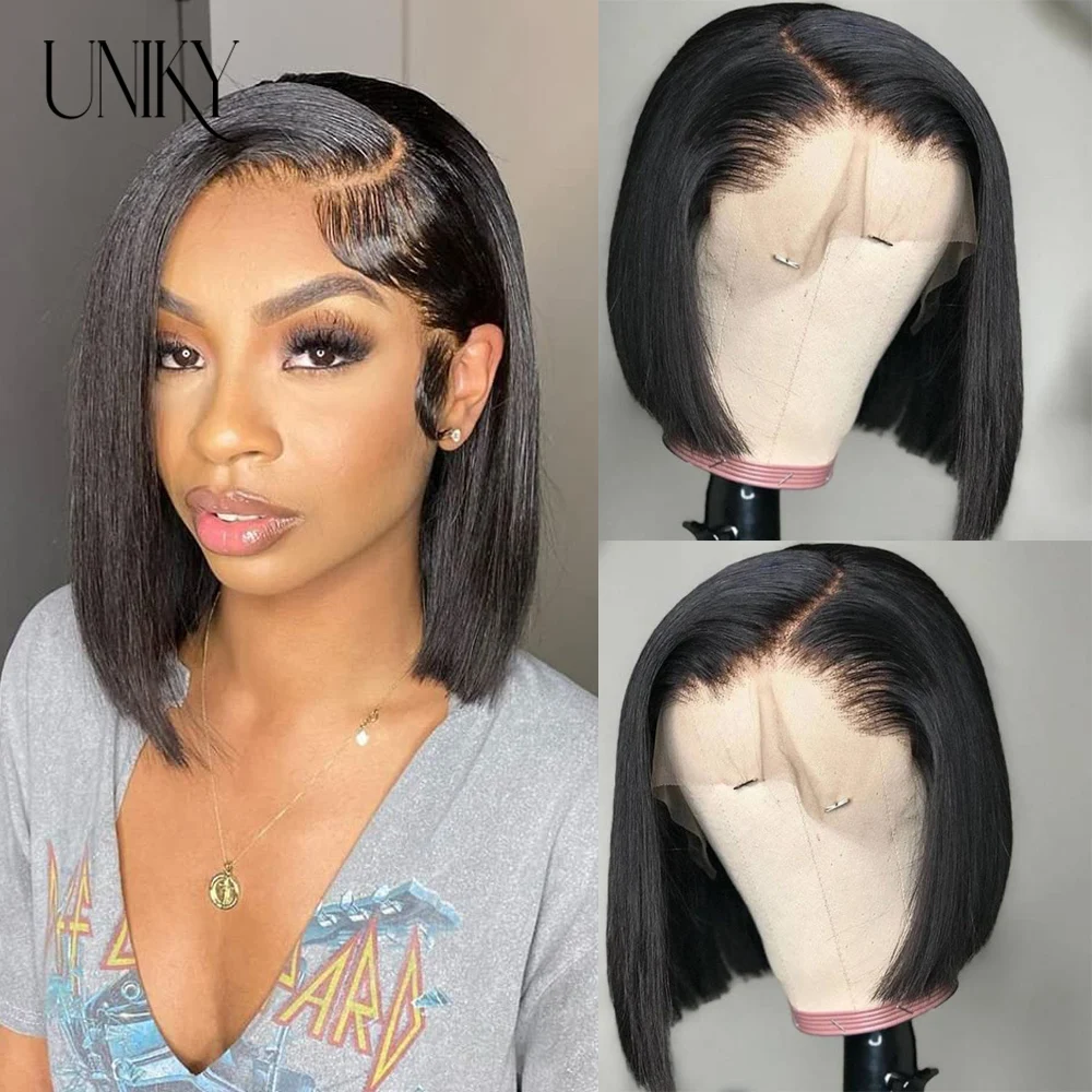 Straight Bob Wig Lace Front Perucas de cabelo humano Transparente Lace Wig PrePlucked Bleached Knots Glueless Wig Cabelo humano pronto para usar