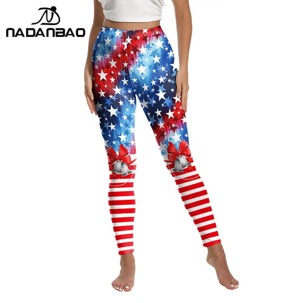 Nadanbao Patriotic Leggings for Women American Flag Digital Print Leggings High Waist Gym Workout Trousers for Yoga Sexy Tights