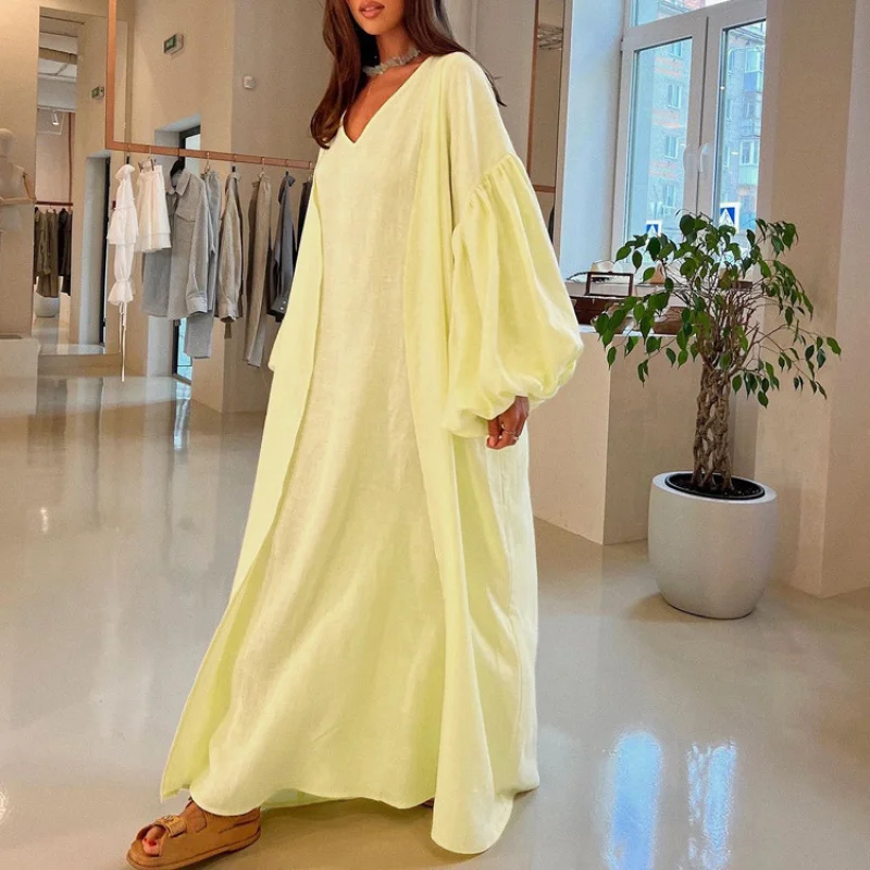 

Women's Spring and Autumn New Casual Vest Dress Puff Sleeve Solid Color Long Robe Set Two-Piece Set