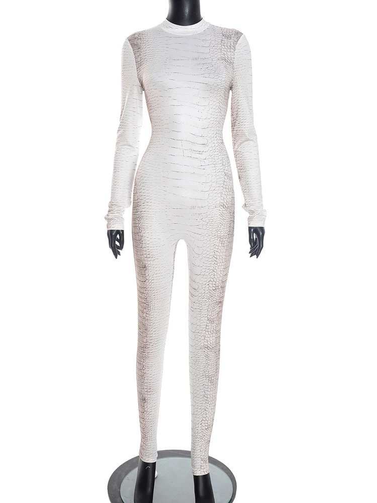 จั๊มสูทลายงู Leosoxs สำหรับผู้หญิง เซ็กซี่ ซิป คอทรงโอ แขนยาว ผ้ายืด กระชับรูปร่าง สไตล์ฮิปสเตอร์ เทรนด์ฤดูใบไม้ร่วง เสื้อผ้าสตรีทแวร์