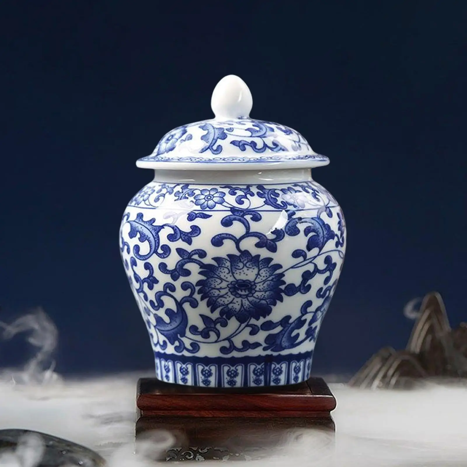 Blue White Porcelain Decorative Temple Jar Vase with Lid with Fine Glaze Finish Kitchen Decor