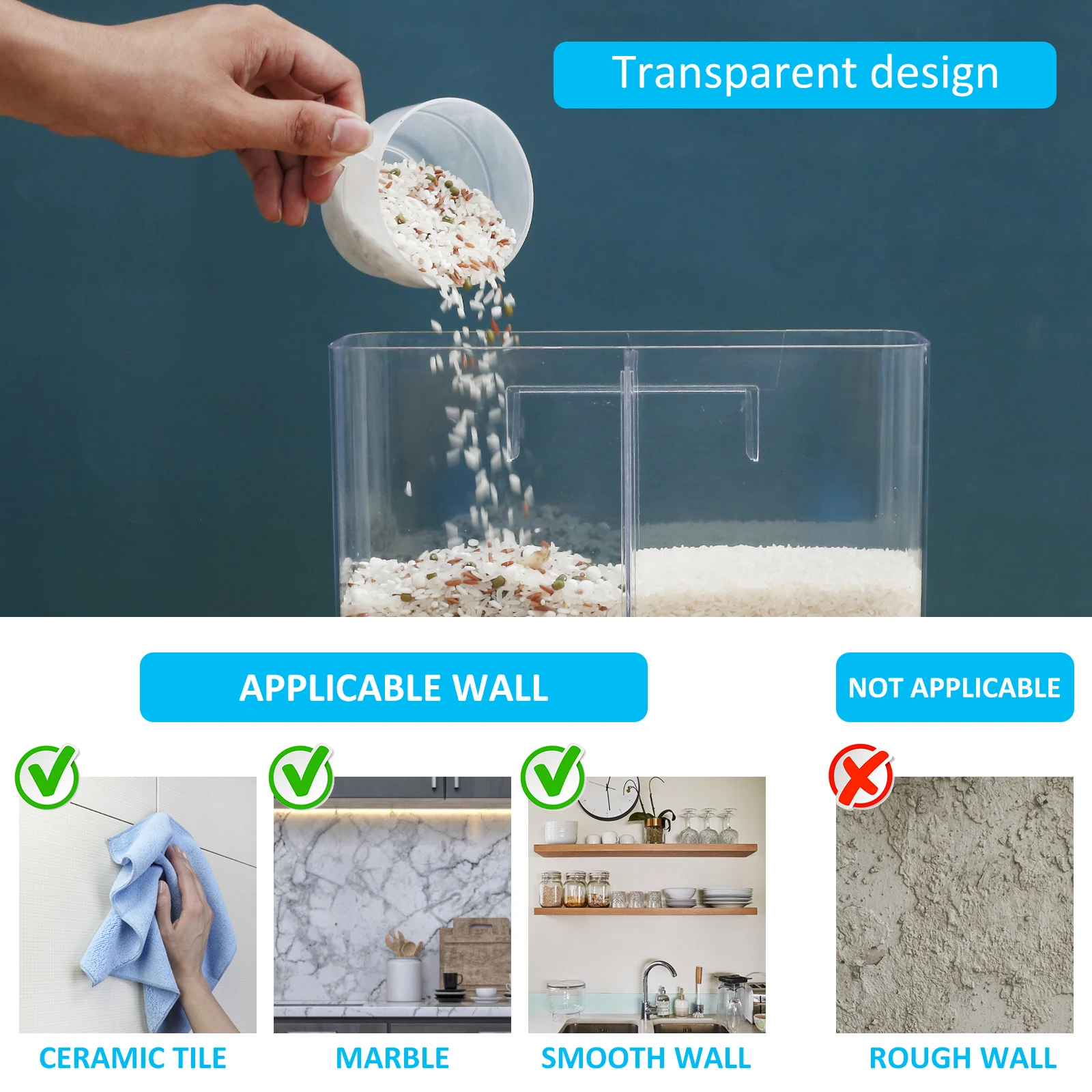 1.5/3L Transparent Rice Dispenser Wall Mounted Rice Storage Containers Sealed Rice Dispenser Kitchen Storage Organizer Tools