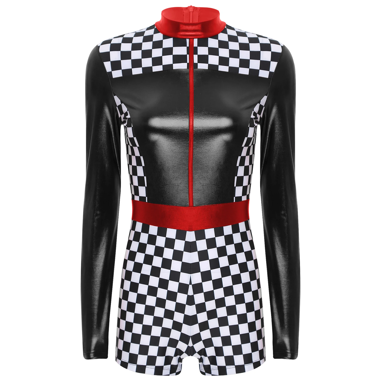 Women Halloween Carnival Racer Cosplay Bodysuit Long Sleeve Checkerboard Print Driver Jumpsuit Cheerleading Uniform Clubwear