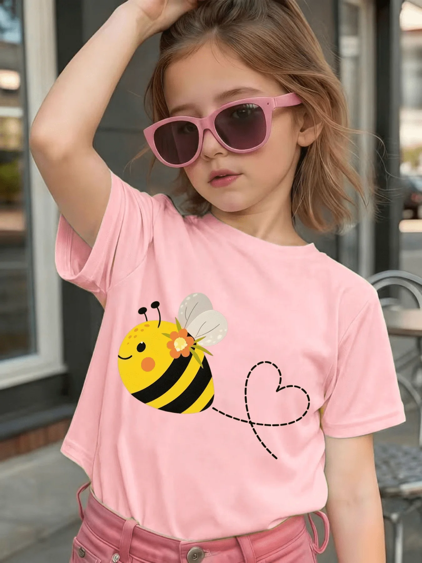 Cartoon Bee Heart Floral Print Kids T Shirt Boys Girls Family Match Cotton Short Sleeve Summer Children Casual Basic Wear