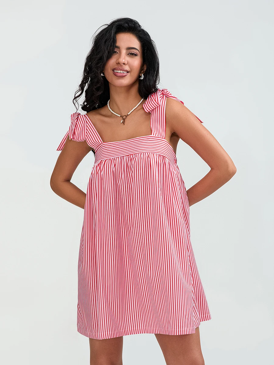 Vestido acampanado sin mangas para mujer, vestido informal de verano con estampado de rayas florales y tirantes, vestido de fiesta suelto para ropa de calle de playa