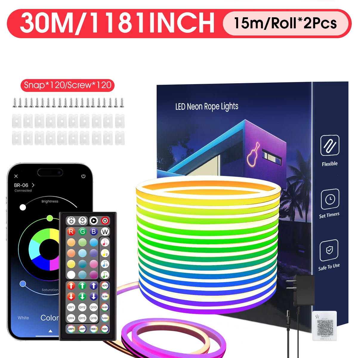 30/20/15/10/5 m LED-Neonlichter, Steuerung per App/Fernbedienung, IP65 Wasserdichte Flexible LED-Lichterkette, Mehrere Modi, RGB-Neonlichter