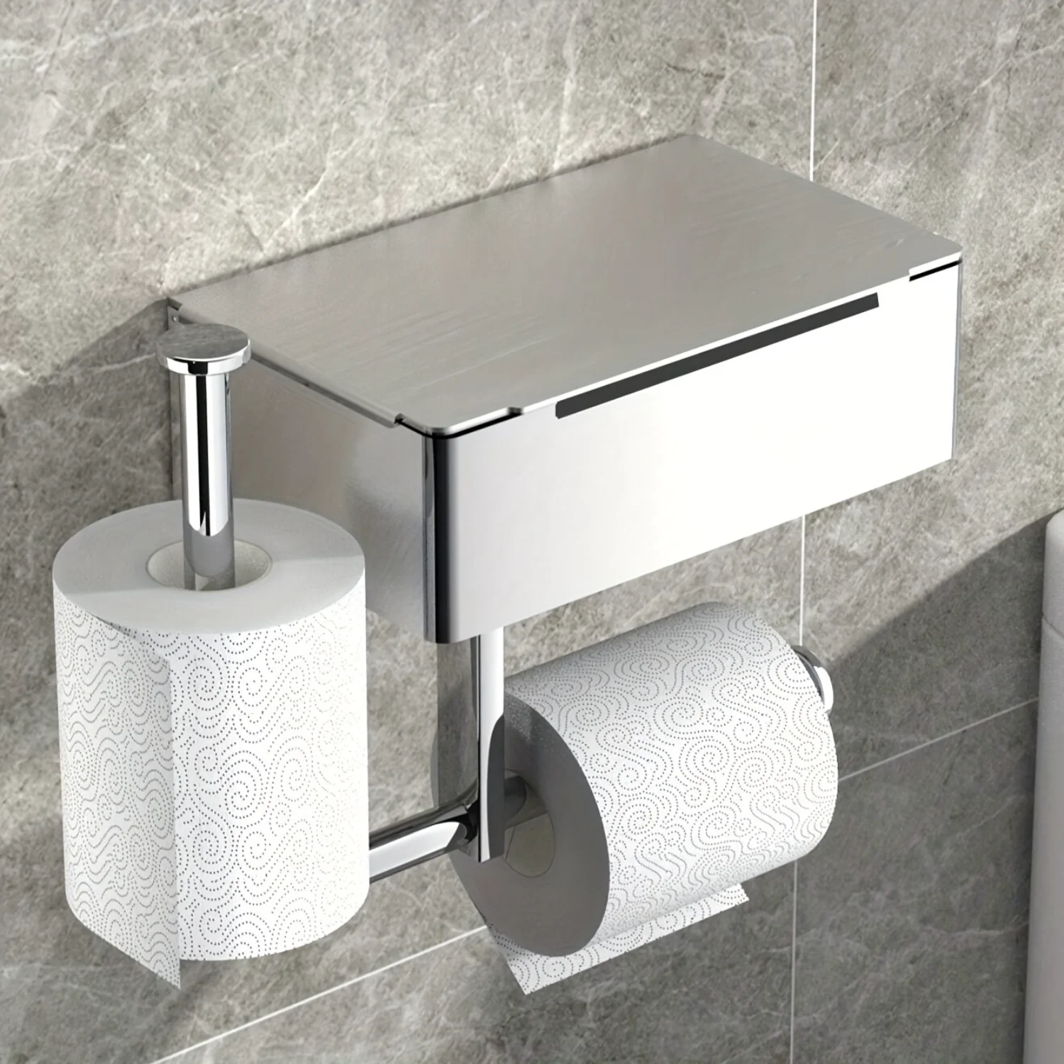 Stainless Steel Toilet Paper Holder With Phone Shelf - Easy Install, Self-Adhesive, Multi- Bathroom Accessory For  And Commercia