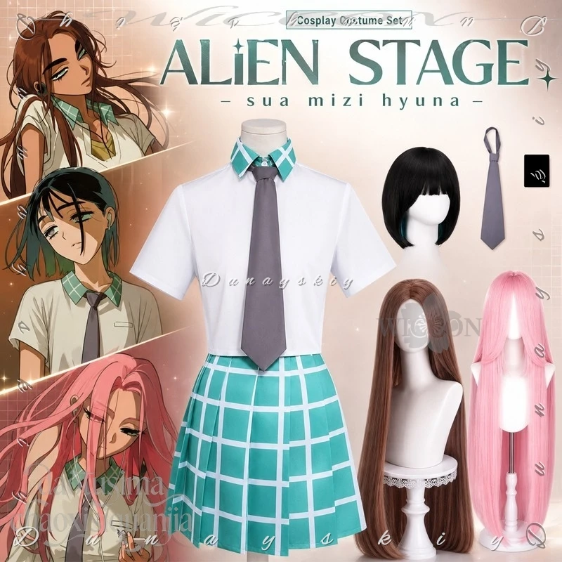 Hyuna Wigs School Theme Cos JK School Uniform Grid Plaid Student Outfit Female Cos Anime ALIEN STAGE Cosplay Sua Mizi Halloween