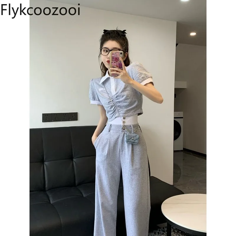 

Preppy Casual Short Sleeve Patchwork Shirring Shirt Crop Top Women High-waistd Slimming Pants Summer Trendy Girls Big Size Set