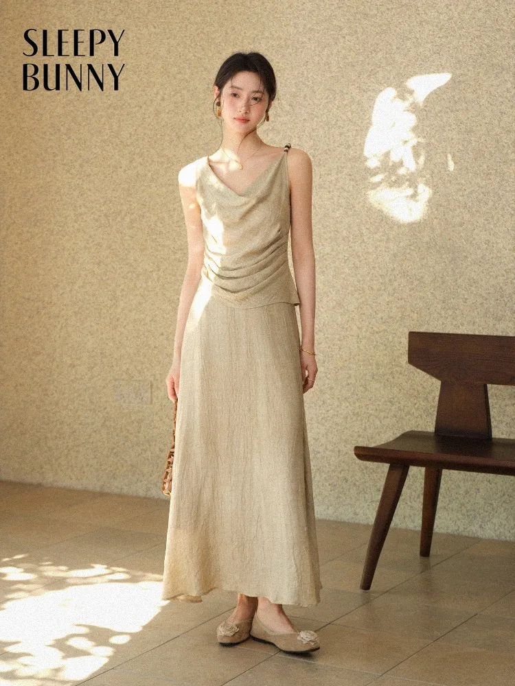 

Women Two Piece Skirt Set Elegant Cowl Neck Camisole Top High Waist A Line Maxi Skirt Outfit Slim Fit Summer Vacation Lady Wear