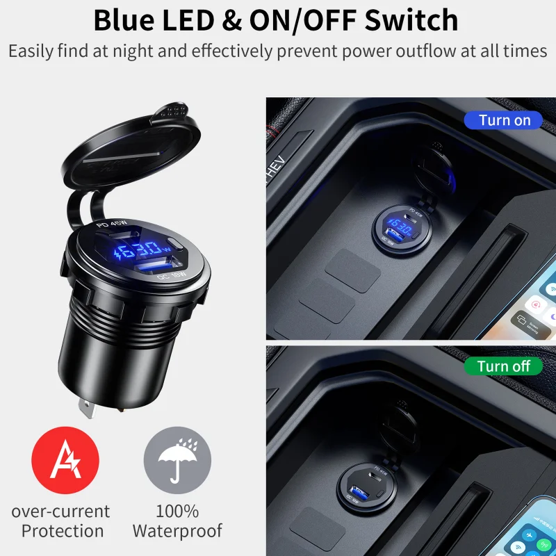 Aluminum 63W USB Charger Socket Fast Charge 12V/24V USB C Car Charger Socket PD and QC3.0 Dual USB Ports for Car Boat Motorcycle