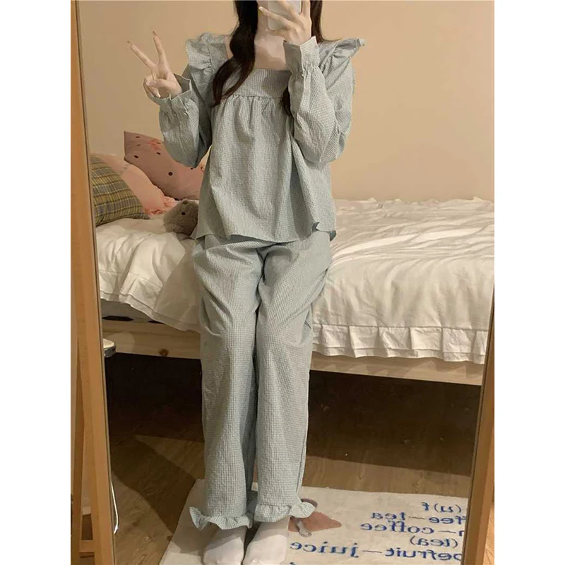 Plaid Sleepwear Women Pajama Sets Autumn Korean Pants Sets 2 Pieces Piiama Square Collar Night Wears Long Sleeve Home Suit New