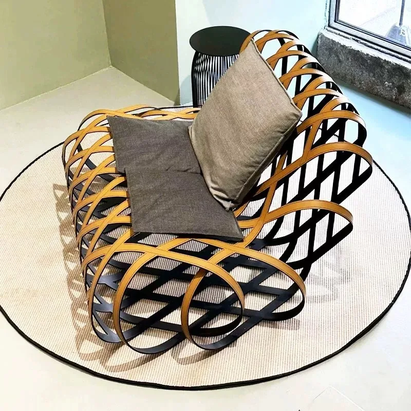 

Stainless Steel Hollow Single Leisure Chair Sales Office Light Luxury Art Saddle Leather Recliner Sofa Chair Furniture