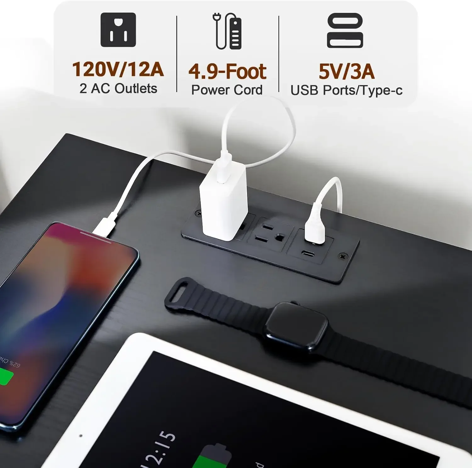 Nachttisch-Set 2, LED-Nachttisch mit Ladestation, Beistelltische mit 3 Stoffschubladen, Nachttisch mit USB Typ C P