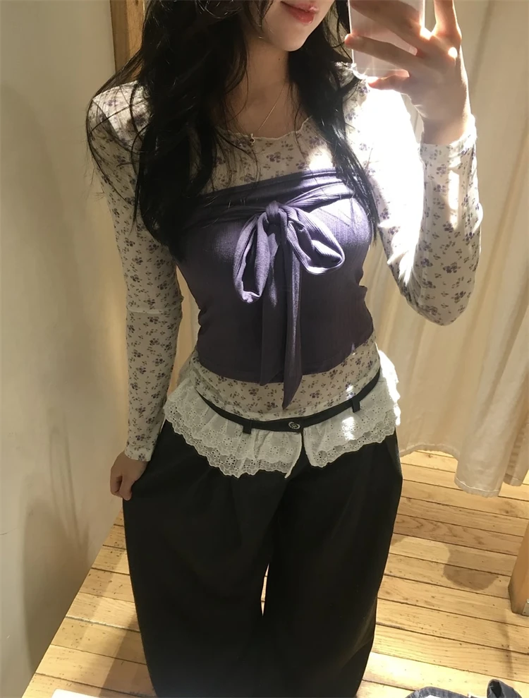 

Sweet And Spicy Floral Print Long Sleeve T-Shirt Set Women's Spring Layering Strap Tie Top And Vest Two-Piece Ensemble