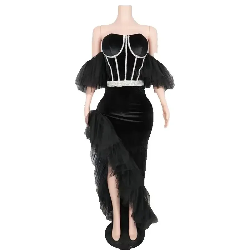 Black Velvet Mesh Evening Dresses Women Singer Performance Party Dress Bar Dj Ds Gogo Costume Stage Festival Outfit