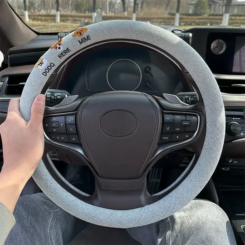 Cotton and Linen Steering Wheel Cover 2024 New Embroidered Fabric Anti-slip Sweat-absorbent Ultra-thin Four-season Unisex Car