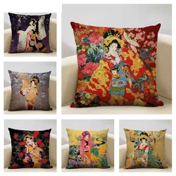 Classic Japanese Lady Decorative Cushion Cover Living Room Sofa Pillow Case 45x45cm Linen Pillowcase Home Art Decor