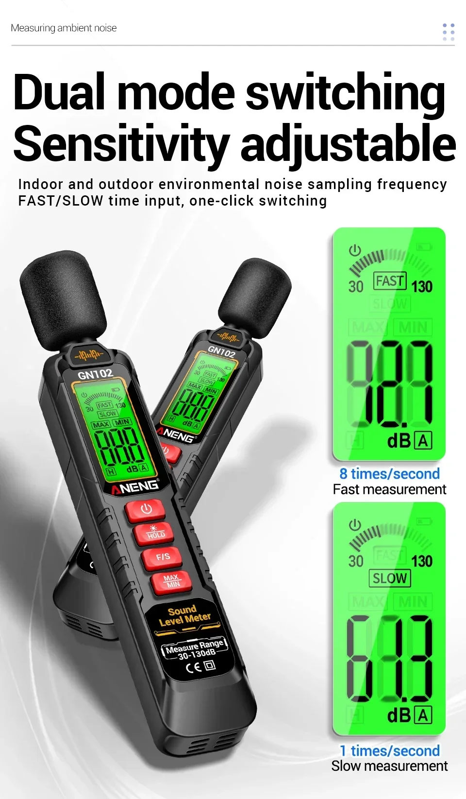 ANENG GN102 Tragbarer Schallpegelmesser 30-130dB A-gewichteter Dezibel-Tester Hintergrundbeleuchteter Bildschirm Datenspeicherung Max/Min Automatische Abschaltung – Detail 5