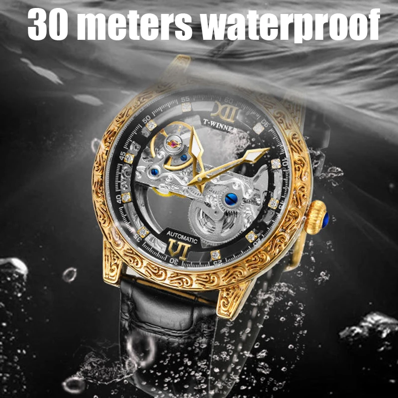 T-Winner Big Brand Mechanical Male Wristwatches For Man Leather Strap Skeleton Flywheel Tourbillon Hollow Out Business Men Watch