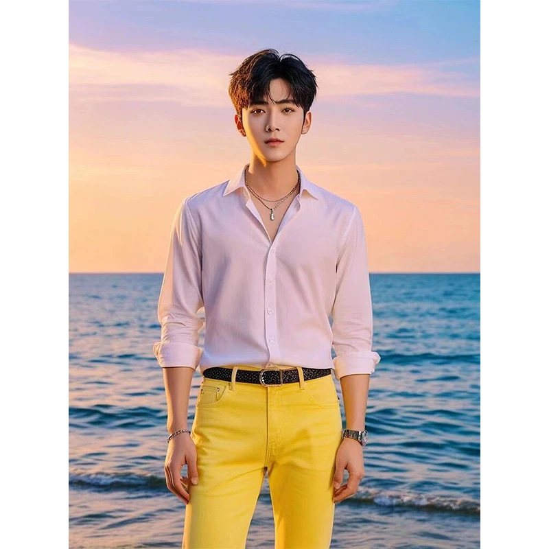 

Белая мужская рубашка с длинным рукавом для весны и осени, модная молодежная верхняя одежда, повседневная, из полиэфирного волокна