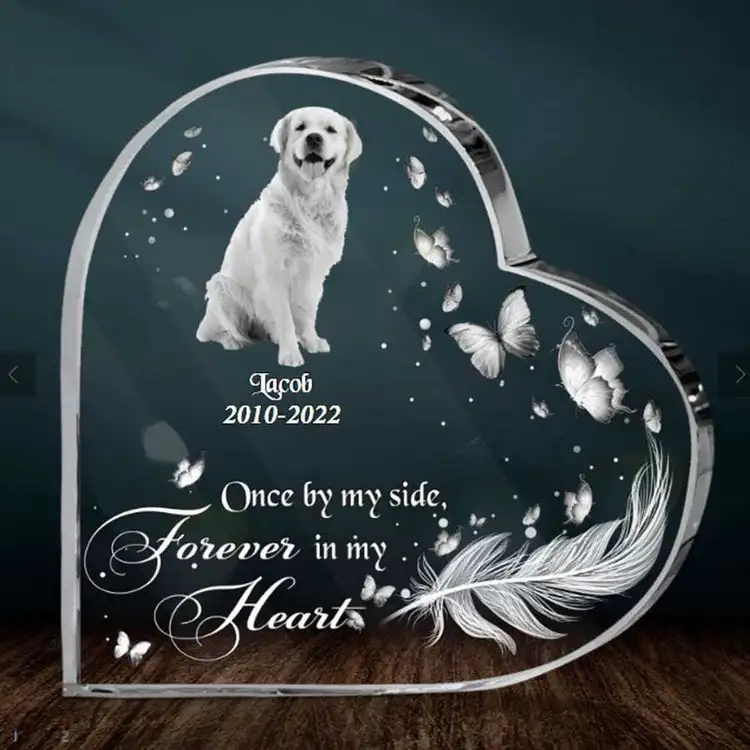 Cute Pet Dog Photo Print Crystal Acrylic Heart Plaque Memorial Gift for Loss of Dogs My Side Forever Keepsake Sign Home Decor