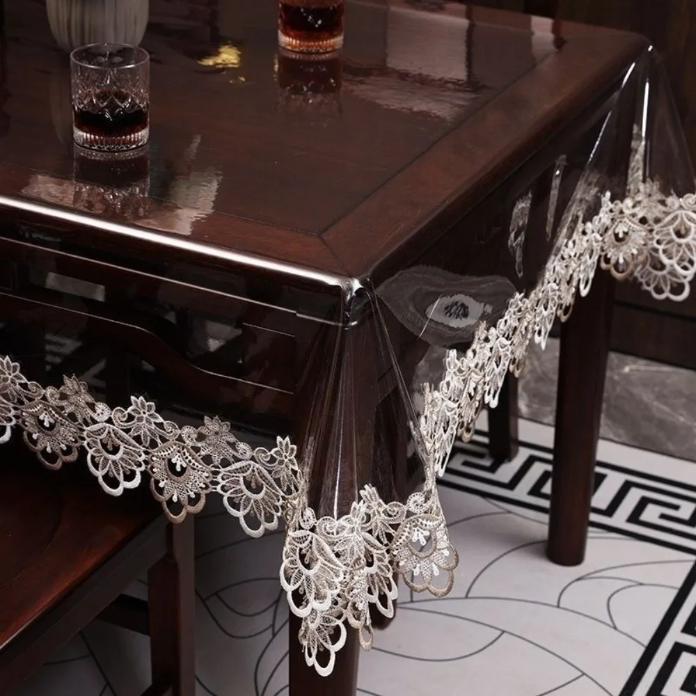 

140x220cm/120x180cm Waterproof Table Cloth Transparent Lace Embroidered PVC Table Cloth Clear PVC Rectangle