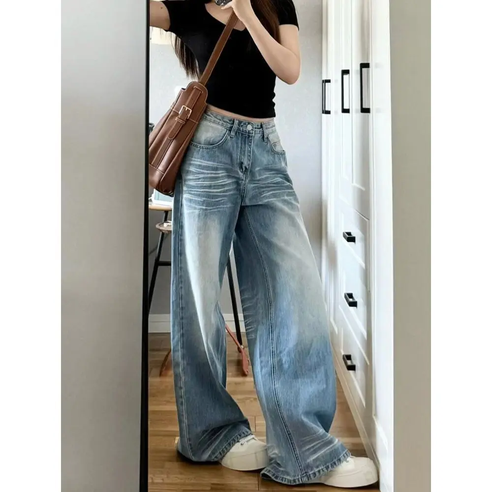 

Широкие джинсы в американском ретро-стиле, синие, с эффектом потертости, женские, летние, новые, модные, прямые, в пол, повседневные, с низкой талией