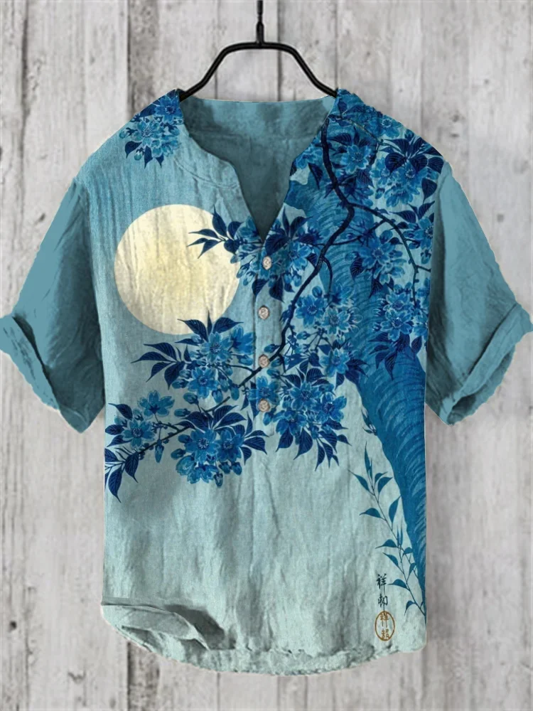 

2025 Summer Men's Short Sleeve 100% Linen Shirt, Large Size Shirt with Japanese and Korean Fashion Elements Print, Size S-5XL