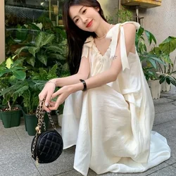 French Style Lace-up Gentle Slip Dresses Women's Summer New Open-back Dress Seaside Resort Beach Skirt Niche Loose Long Skirt