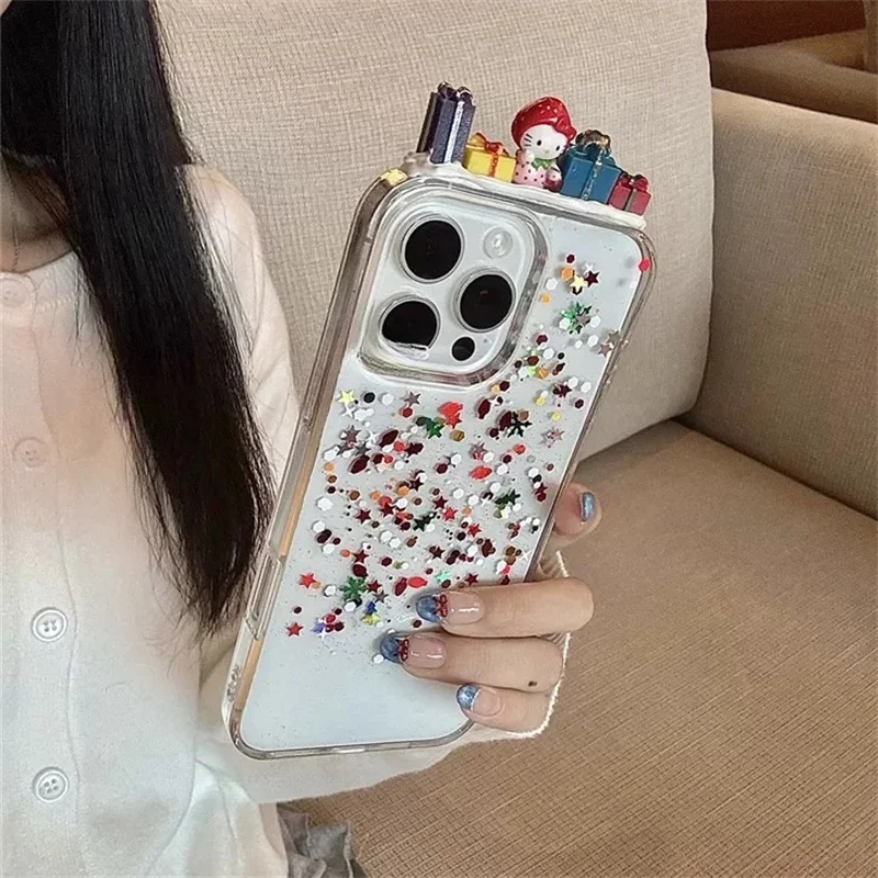 

Luxury Christmas Gift Hello Kitty Bling Glitte Phone Case For iPhone 13 14 15 16 Pro Max Cute Color Stars Clear Glitte KT Cover