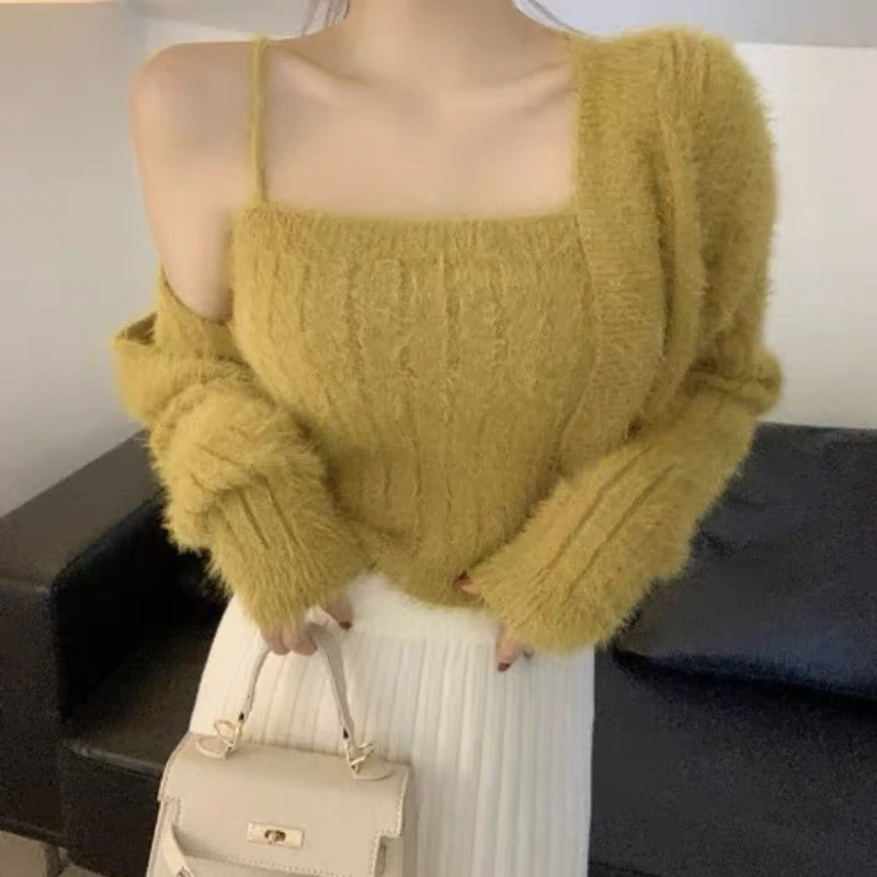 Fashion Korean Style Gentle Fluffy Sets for Women Hotsweet 2 Pcs Crop Knitted Autumn Winter Camisoles Graceful Chic Cardigans