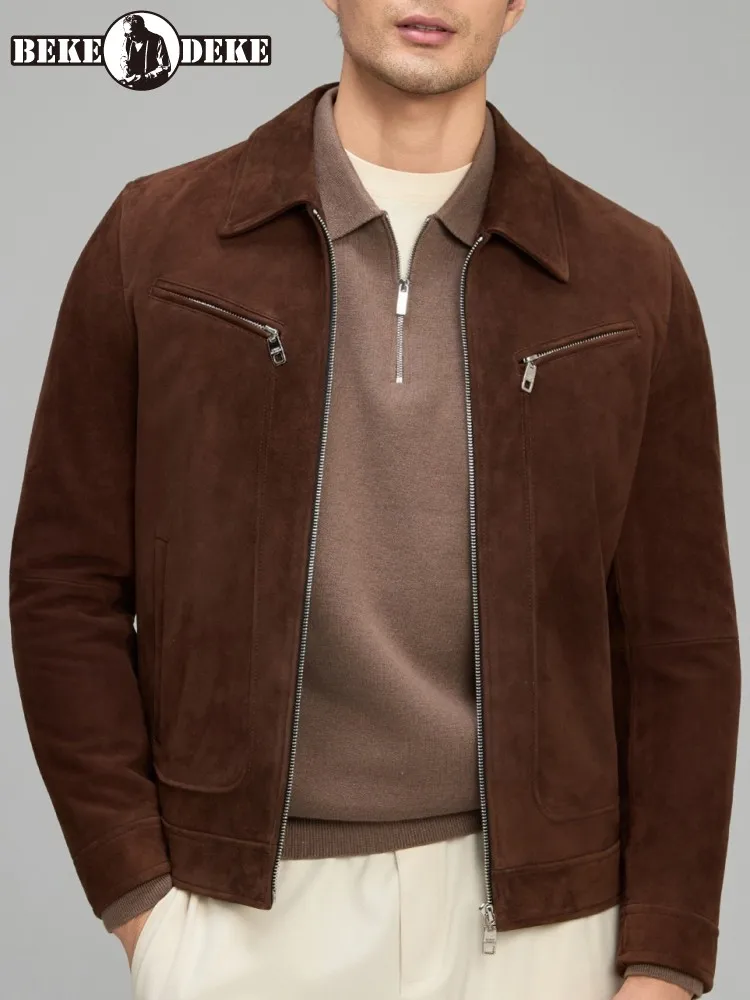 Retro Casual Long Sleeves Lapel Genuine Leather Jacket High Quality Solid Color Male Zipper Slim Sheepskin Suede Outerwear