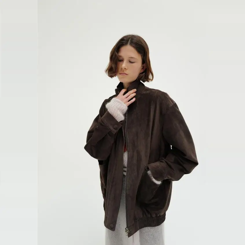 Monoha Retro Amerykańska Kurtka Motocyklowa ze Skóry Zamszowej Street Sle Prosty Krój Regularna Długość Kołnierz Odzież Wierzchnia